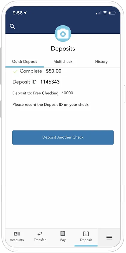 OneAZ Mobile Banking app - Deposit a check - Deposit complete