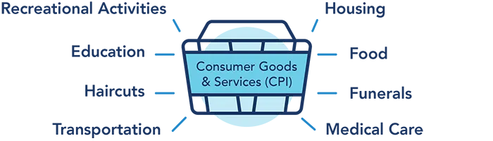 Consumer Goods & Services (CPI): Recreational Activities, Education, Haircuts, Transportation, Housing, Food, Funerals, Medical Care